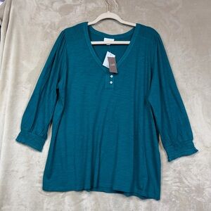 NWT J. Jill Oceanside Top L Women's Pullover Cotton Blend 3/4-Sleeve V-Neck